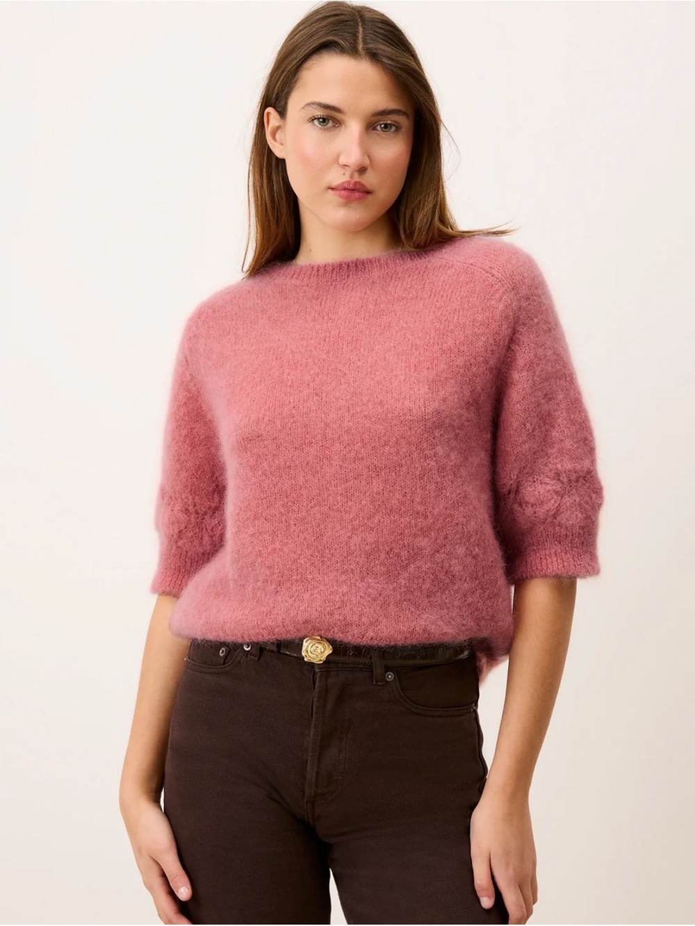 Rouje Olivia Dusty Rose Fuzzy Short-Sleeve Crewneck Sweater